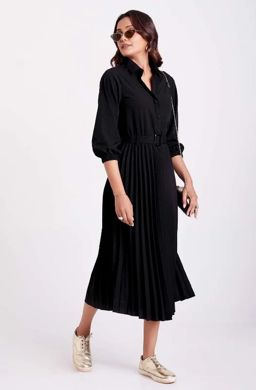 End Of Season Sale Clothing Black Colour Pleated Western Wear Dress For Women