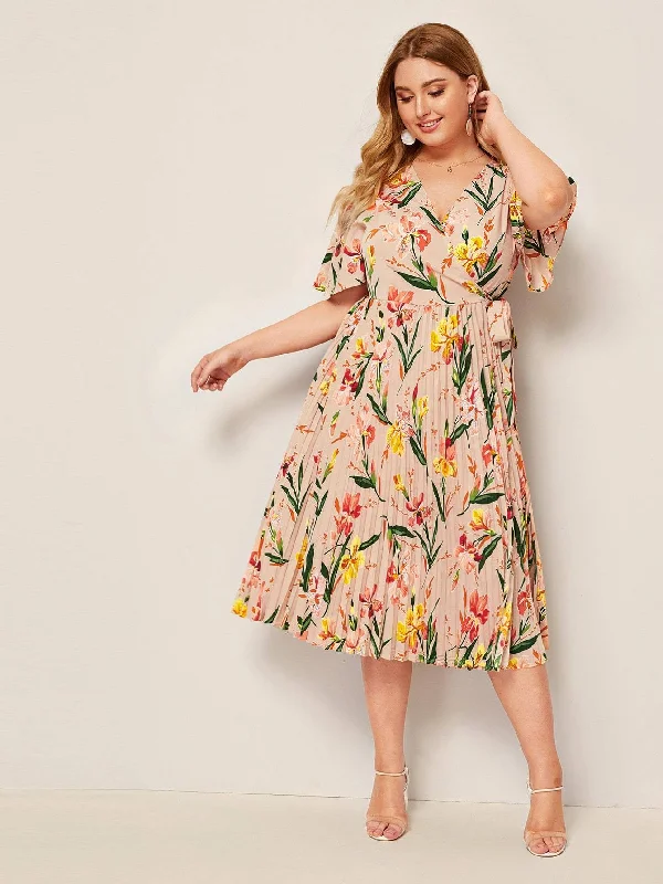 Huge Discounts This Week  Plus Surplice Neck Wrap Knot Pleated Floral Dress