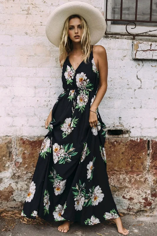 High-Quality Women’s Fashion Dresses JuliaFashion - 2024 The Floral Touch Plunging Neck Maxi Dress