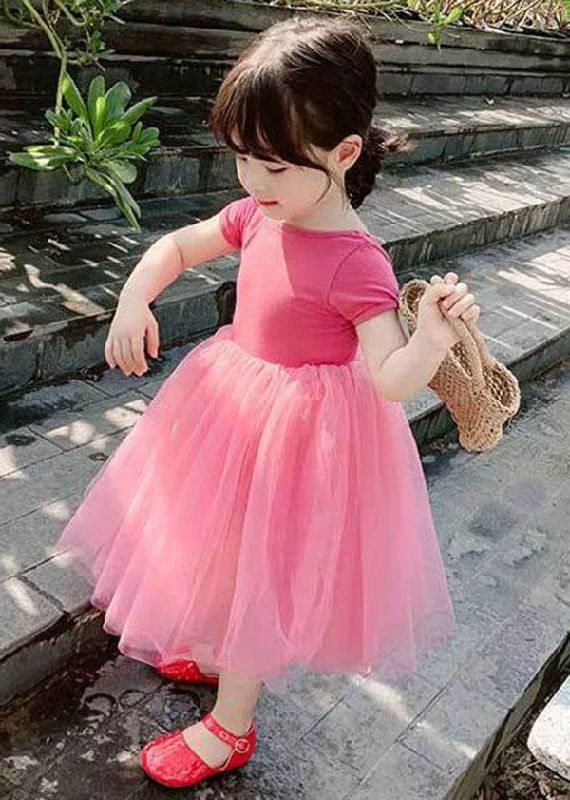 Clearance Sale Beautiful Rose Ruffled Patchwork Tulle Kids Girls Off The Back Dress Summer