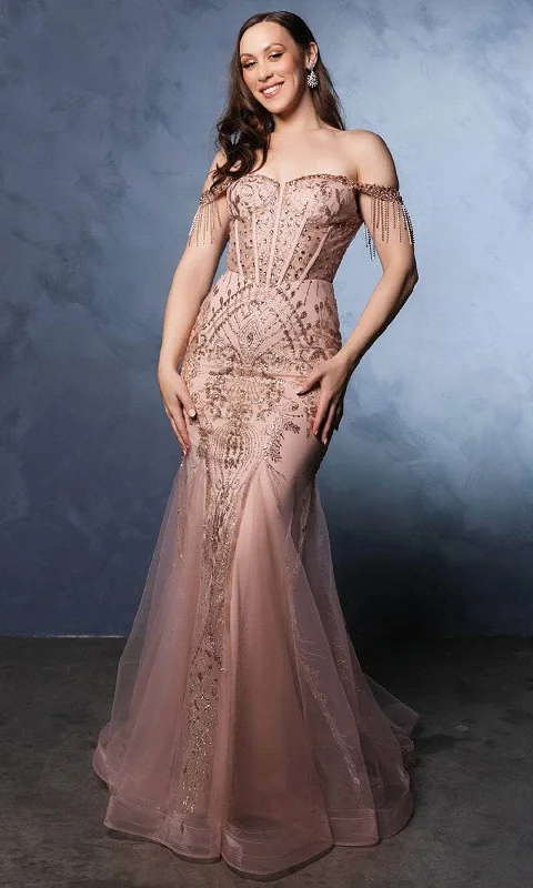 Women’s High Street Fashion May Queen MQ2136 - Rhinestone-Embellished Off-Shoulder Prom Gown