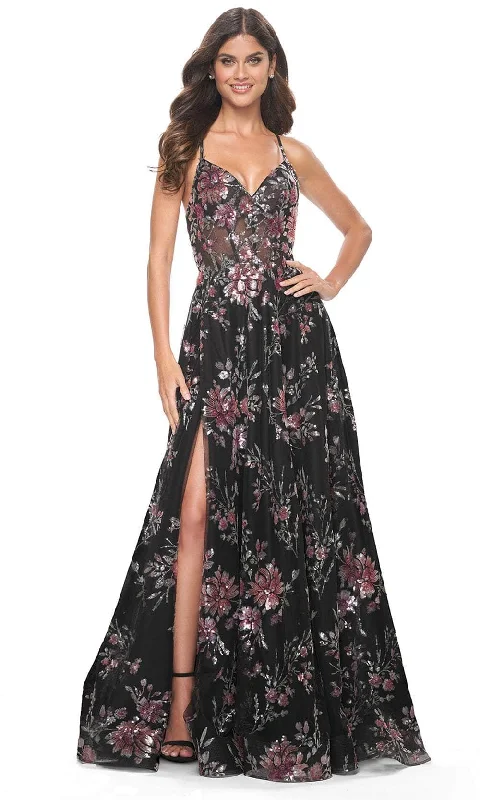 Avant-Garde Style Promotions La Femme 32031 - V-Neck Floral Sequin Prom Gown