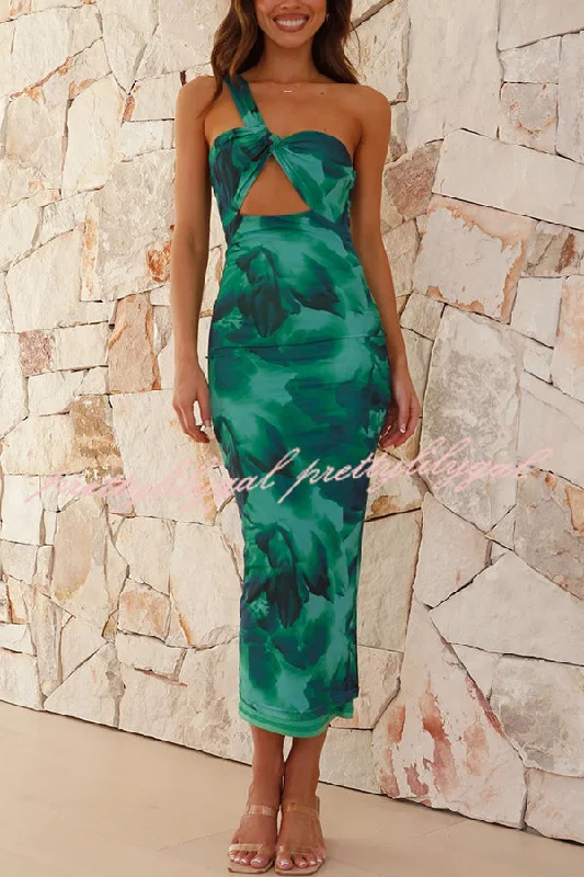 End Of Season Sale Clothing The Janika Printed Asymmetrical Strap Fixed Knot Stretch Midi Dress