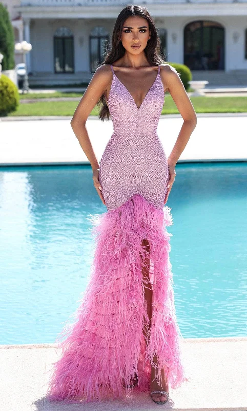 Stylish Dresses for Women Portia and Scarlett PS23339 - V-Neck Feathered Trumpet Prom Gown