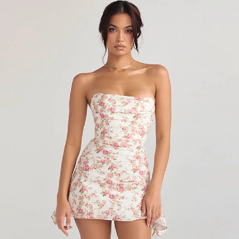 Bold Fashion Glamorous Rose Printed Ruched Strapless Corset Mini Dress - Floral