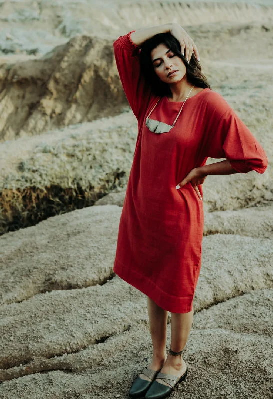 High End Designer Brands Discount Knee-Length Boat-Neck  Maroon Dress with Smocking  Sleeves