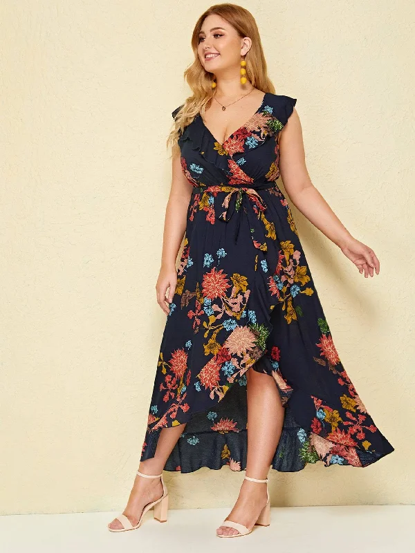 Flash Sale Fever  Plus Floral Print Ruffle Hem Wrap Belted Dress