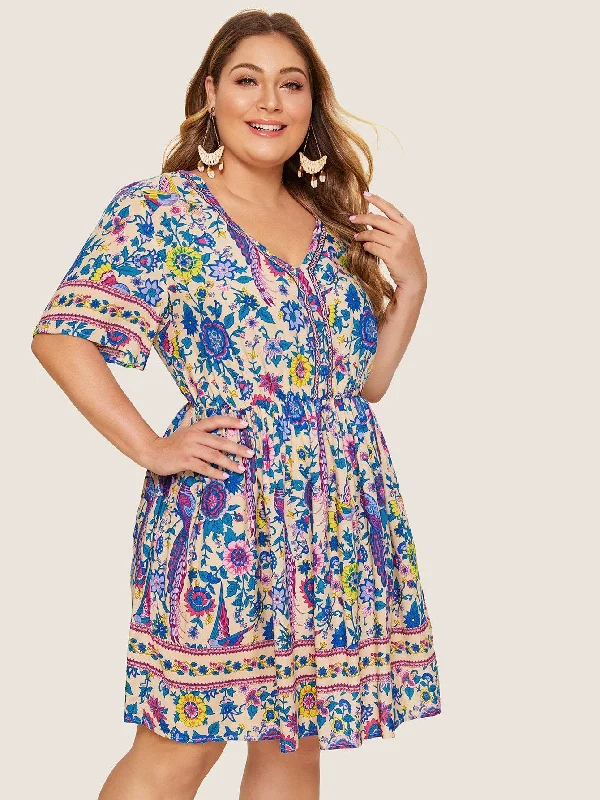 Crazy Price Slashing Plus V Neck Floral Print Dress