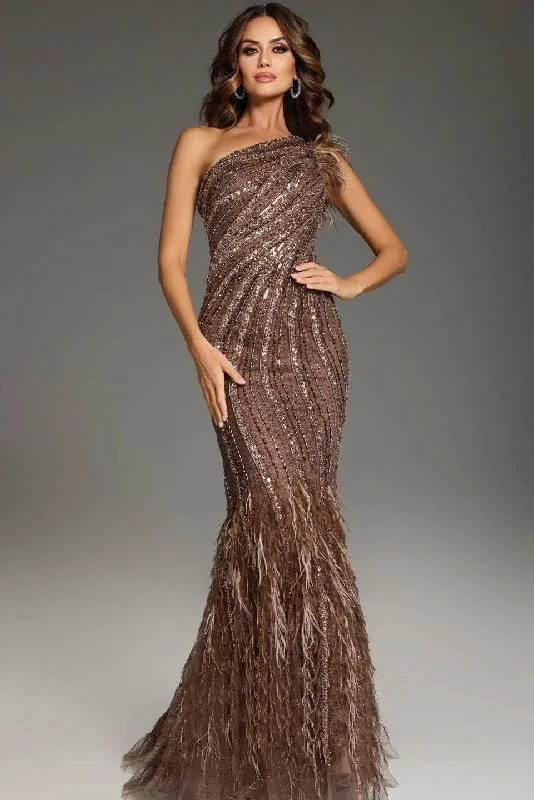 Fashionable Casual Tops Jovani 39170 - One-Shoulder Feather Detailed Prom Gown