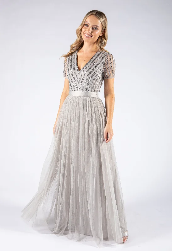 Versatile Women's Fashion SOFT GREY V NECK SEQUIN AND TULLE DRESS WITH TIE WAIST