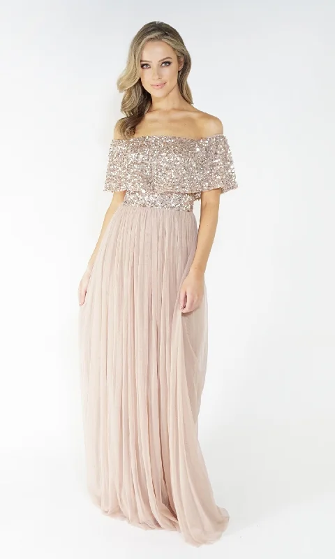 Chic And Edgy Bardot style tulle dress with delicate sequins