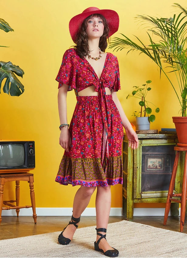 Relaxed Fashion Border Hem Detail Tie Front Red Floral Summer Dress