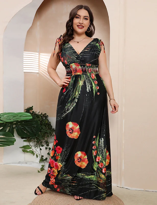 Stupidly Low Prices Women Plus Size Ice Silk Printed V-Neck Floral Dress