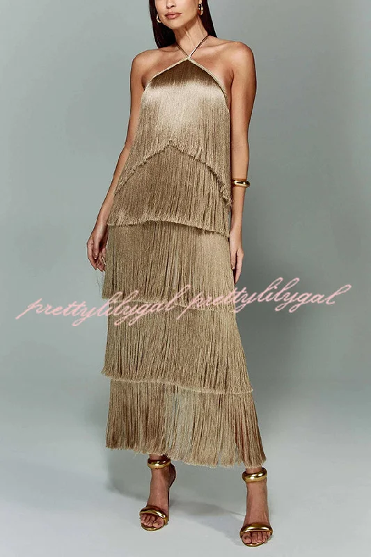 Trend Leading Collection Sexy Halterneck Backless Elegant Fringe Maxi Dress