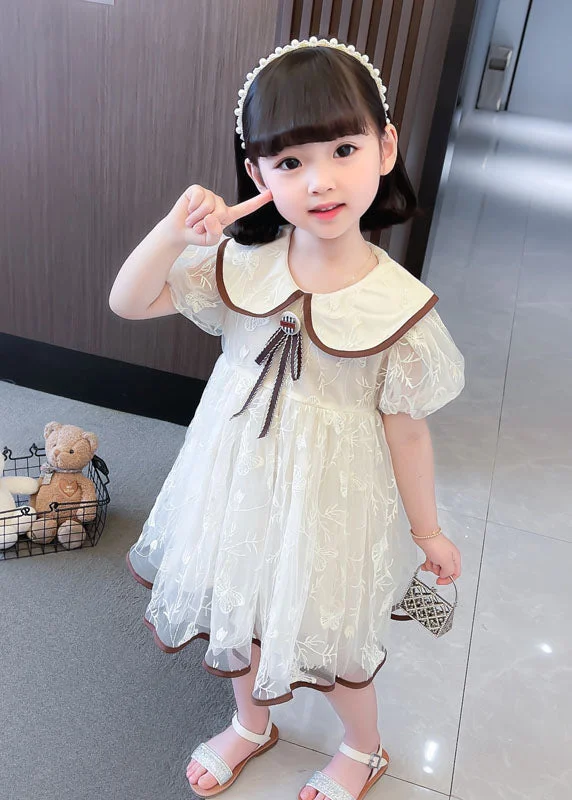 Bold Fashion Cute Apricot Peter Pan Collar Wrinkled Patchwork Tulle Baby Girls Dresses Summer