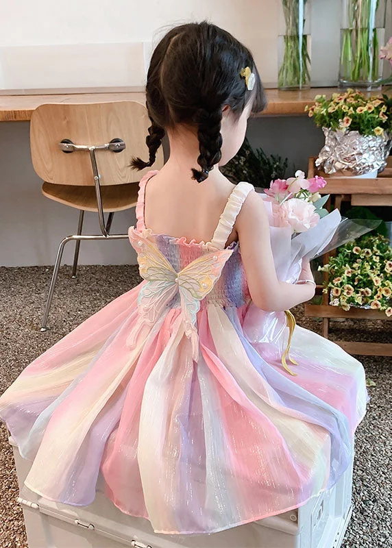 Casual Wear DIY Rainbow Butterfly Wrinkled Patchwork Cotton Kids Girls Dresses Summer