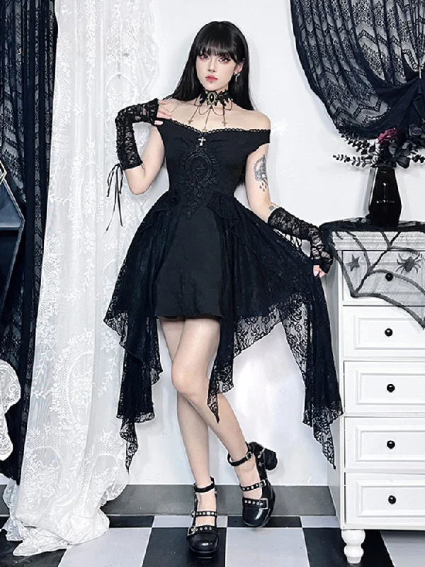 Budget-Friendly Fashion Gothic Fluffy Pleated Floral Lace Off Patchwork Shoulder Grunge Retro Line A Dress