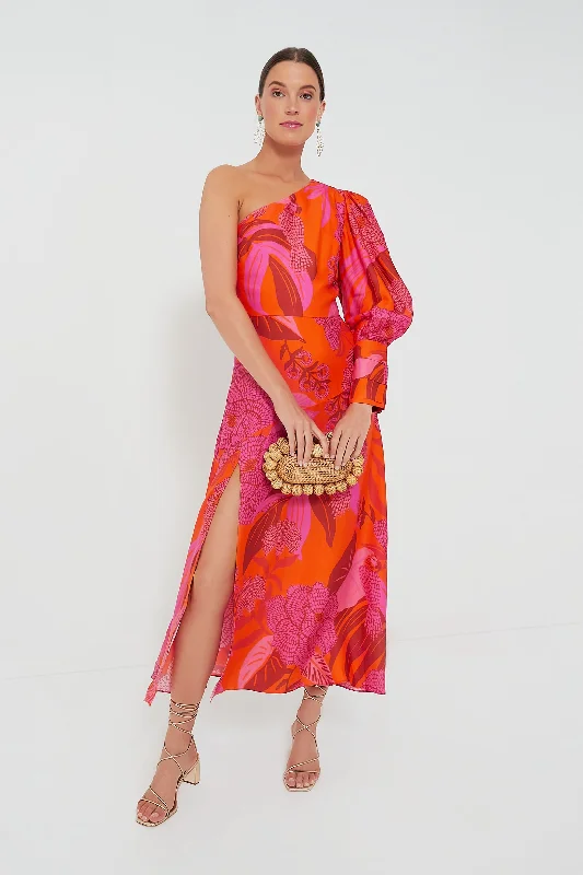 Fashionista Favorites Dewdrop Floral Red One Shoulder Midi Dress