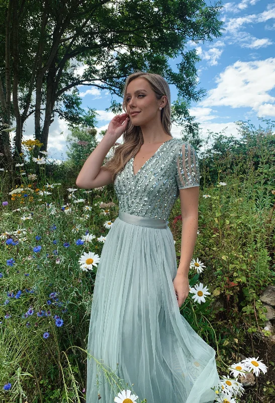 Modern Women's Fashion with Vintage Touches SAGE V NECK SEQUIN AND TULLE DRESS WITH TIE WAIST