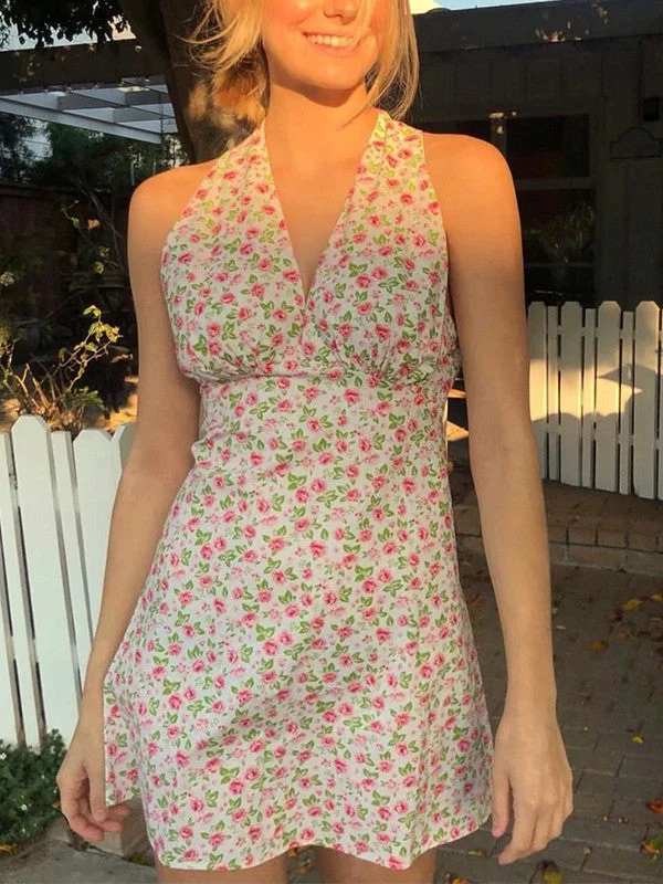 Chic Casual Style Plunge Neck Backless Floral Mini Dress