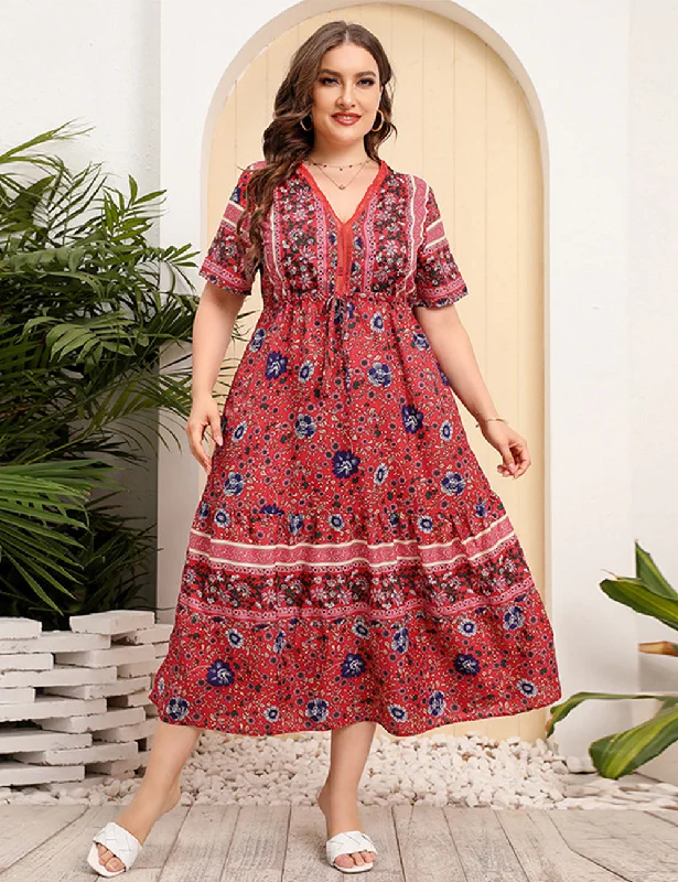 Huge Discounts This Week Women Plus Size V-Neck Vintage Floral Dress