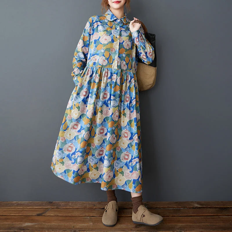 Women Clothing Babakud Women Spring Retro Colorful Floral Corduroy Long Dress