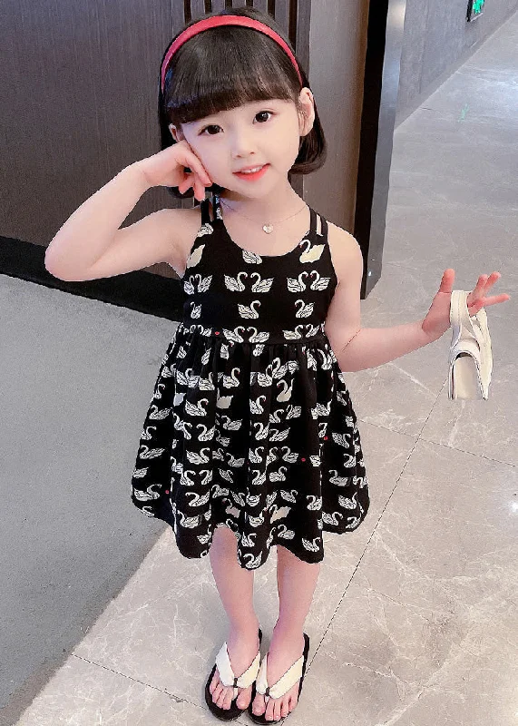 Relaxed Style Cute Black Animal Print Patchwork Cotton Girls Slip Long Dress Summer