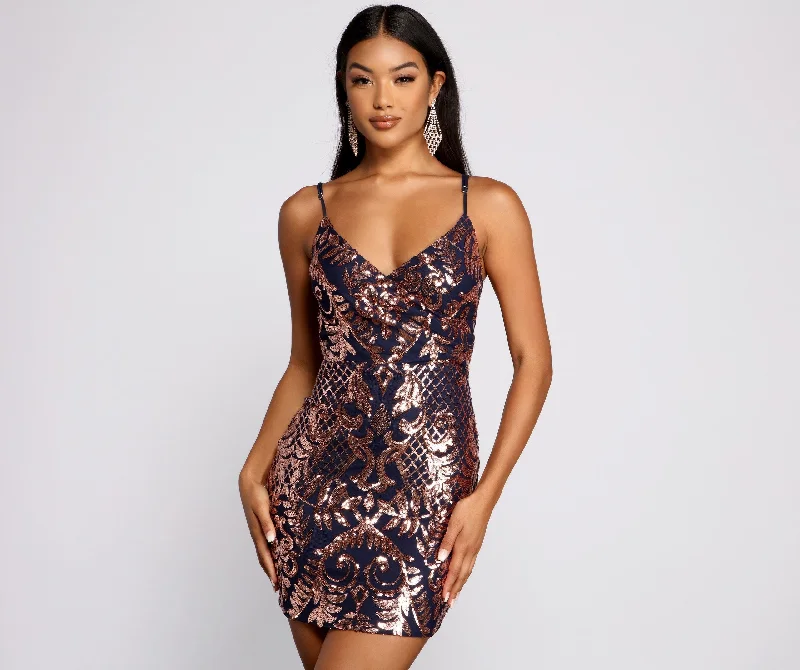 Trendy Boutique Online Stella Formal Sequin Charming Scroll Print Mini Dress