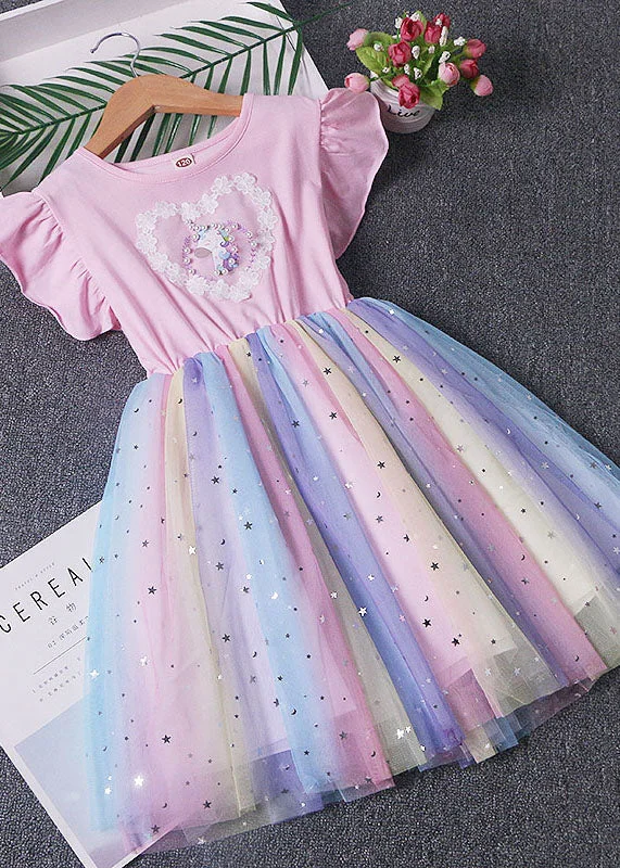 New Arrival Discounts Pink Patchwork Tulle Baby Girls Dress Pony Sequins Wrinkled Summer