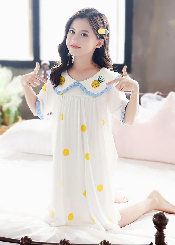 Luxury Fashion Brief White Peter Pan Collar Print Cozy Cotton Girls Maxi Dresses Short Sleeve