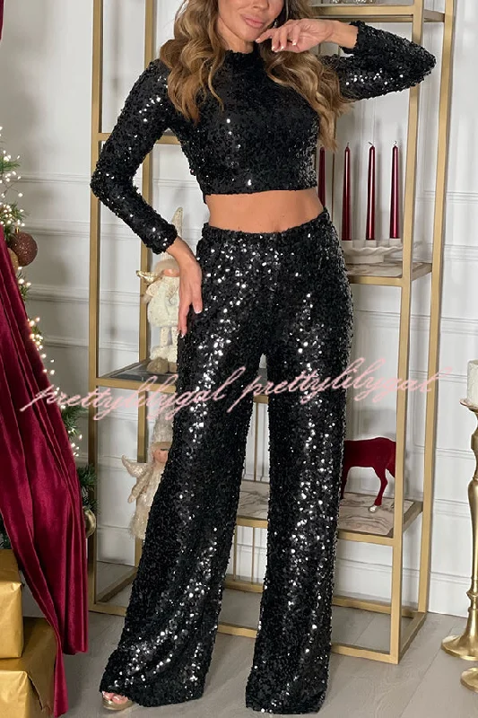 Chic Style, Always In Vogue New Start Sequin Long Sleeve Back Tie-up Crop Top and Elastic Waist Loose Pants Set