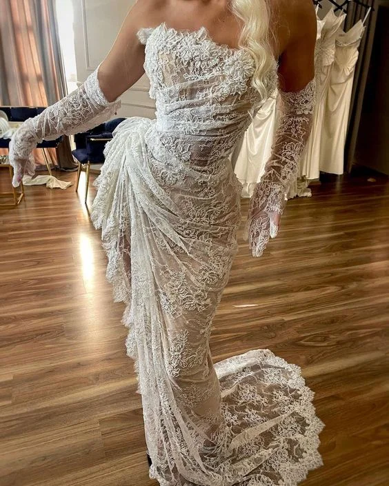 Gift Ideas Sheath Strapless Bridal Gown Lace Mermaid Ruched Lace High Low Thigh Split Custom Made Wedding Dress Y4435 Gift Ideas Sheath Strapless Bridal Gown Lace Mermaid Ruched Lace High Low Thigh Split Custom Made Wedding Dress Y4435