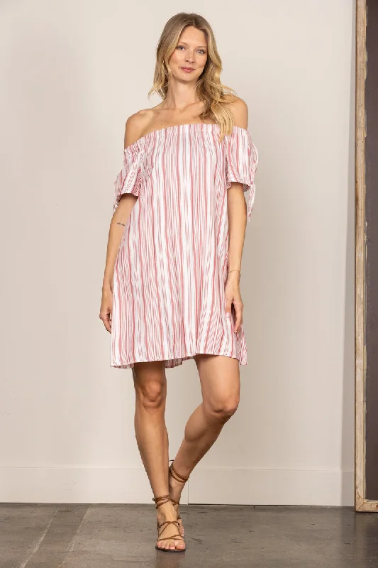 Graceful Fashion RED STRIPES OFF SHOULDER SELF-TIE SLEEVES MINI DRESS K4954