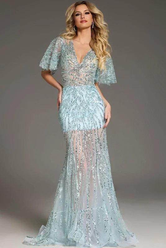 Women’s Casual Dresses Jovani 39008 - Sequin Embellished Flutter Sleeve Prom Gown