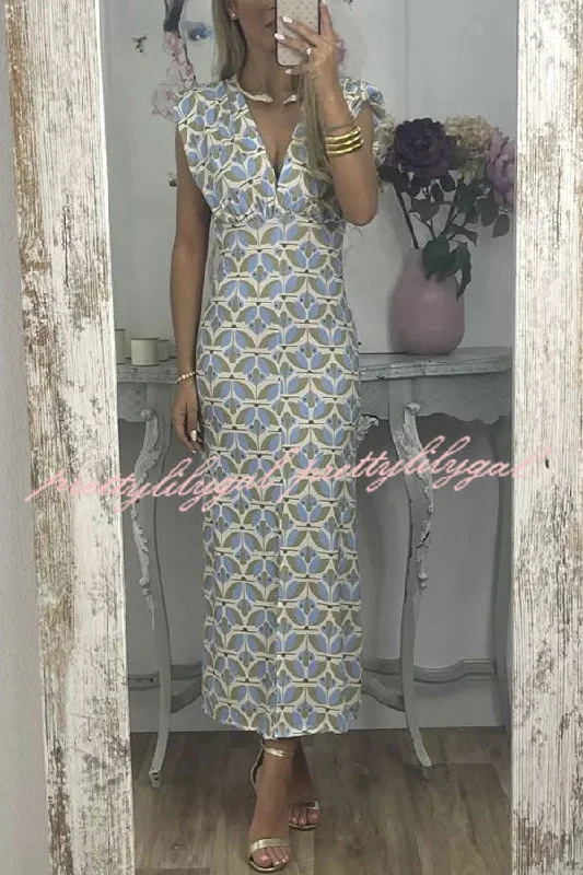 Women's Clothing Sale Forever Here Printed Padded Shoulder Front Center Slit Midi Dress