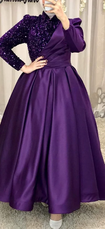 Fashion Deal evening dresses for wedding prom long sleeve plus size purple luxury elegant women Y4999