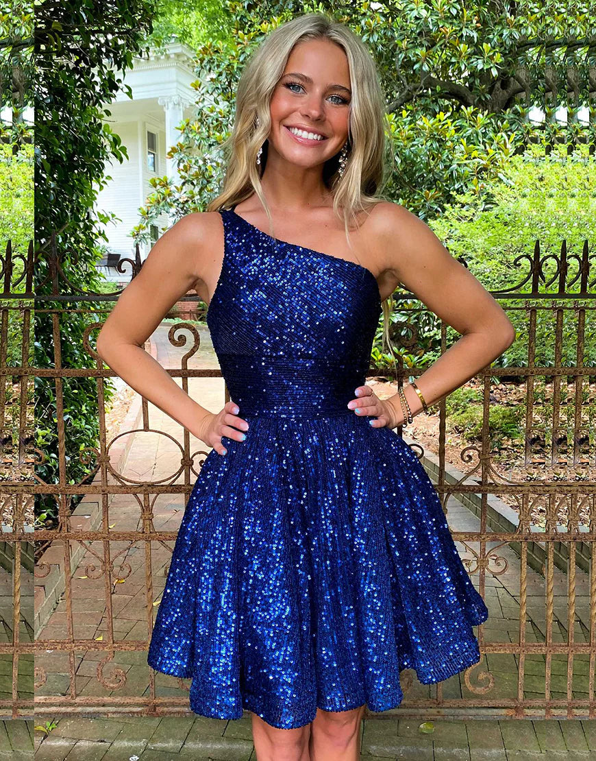 Shop Sales A-line Blue Sequin Mini Dress Backless Homecoming Dress
