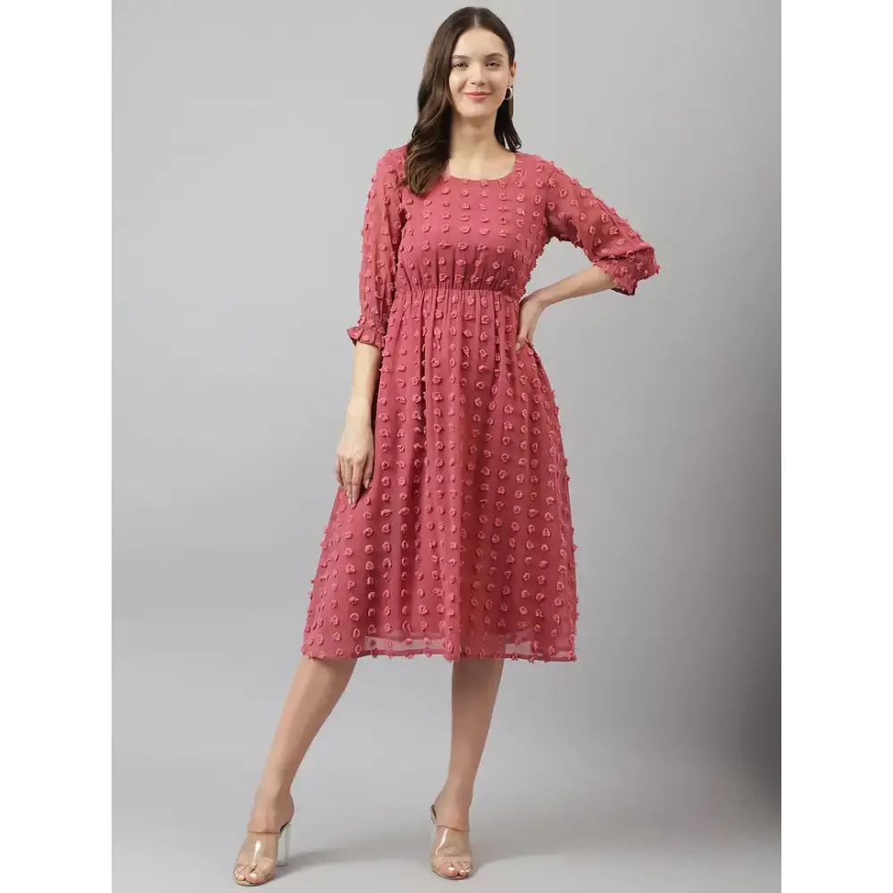 Trendy Outfits For Ladies Stylish Pink Georgette Self Design Fit And Flare Dress For Women