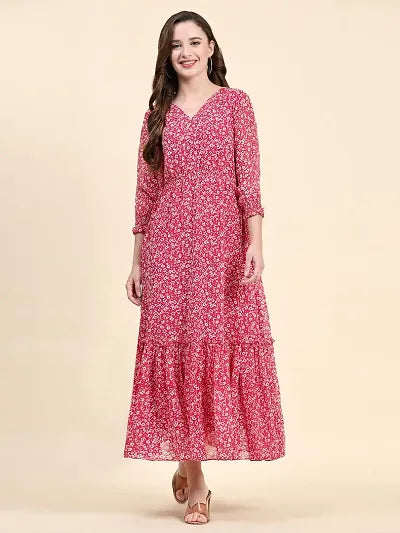Style Your Wardrobe Stylish Pink Georgette Printed Fit And Flare Dress For Women