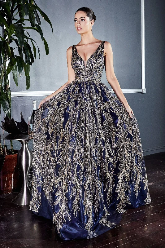 Effortless Everyday Wear Floral Glitter Print Appliqué V-neck Pointy Open Back Bodice Long Prom & Ball Dress CDJ812