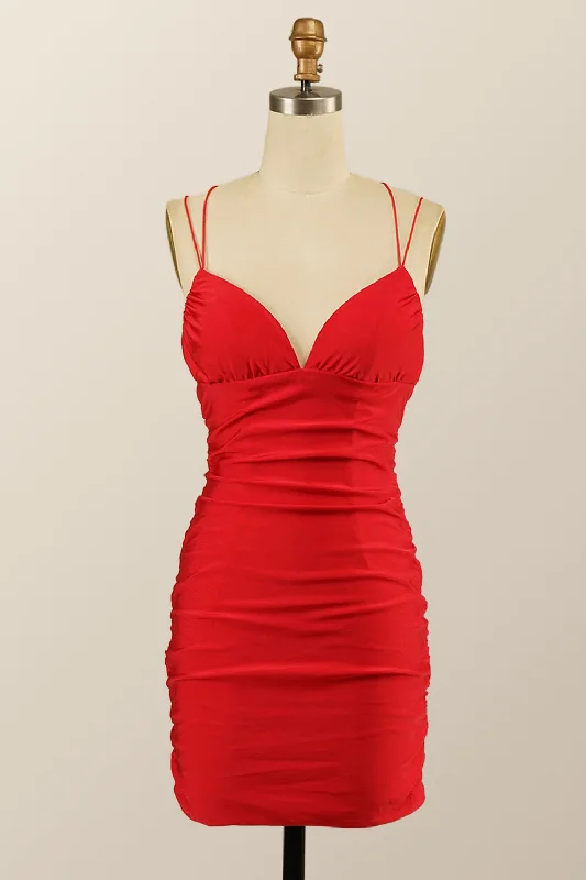 Sophisticated Style Double Straps Red Empire Red Tight Mini Dress