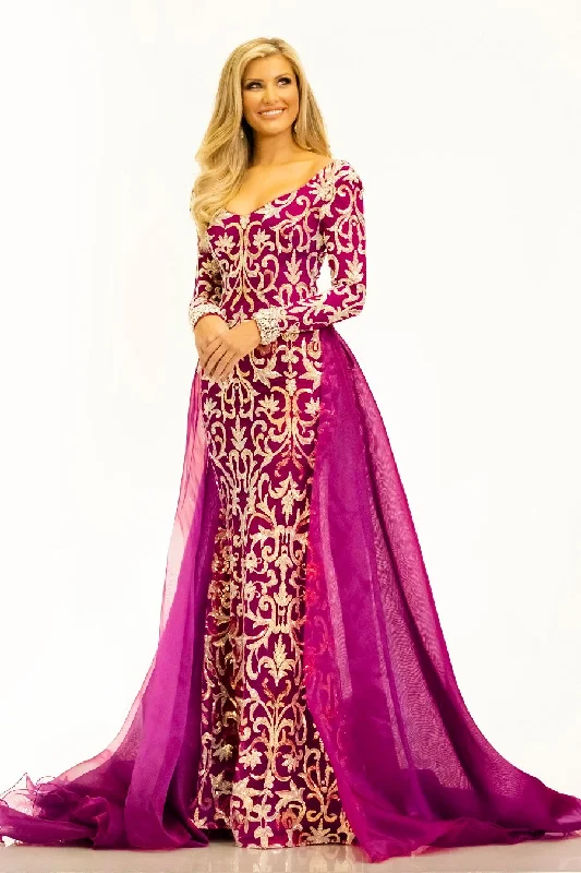 Attire Sale Johnathan Kayne 2334 Size 4, 10 Magenta Evening Gown Long Sleeves Overskirt