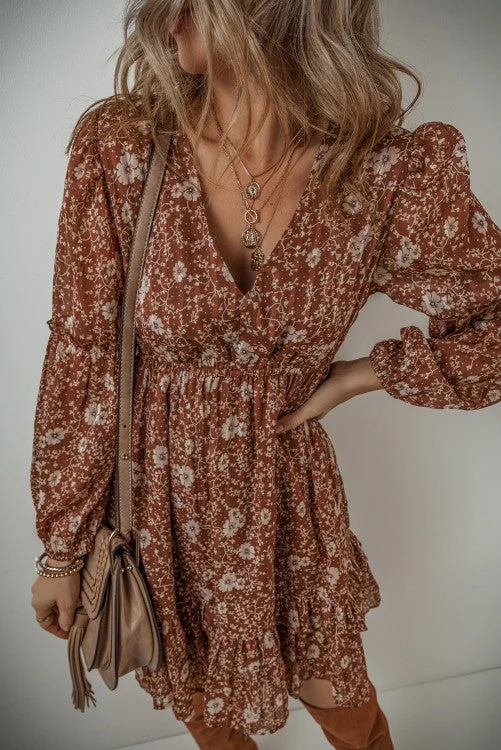 Chic Styles Brown Boho Floral Ruffled Puff Sleeve V Neck Dress