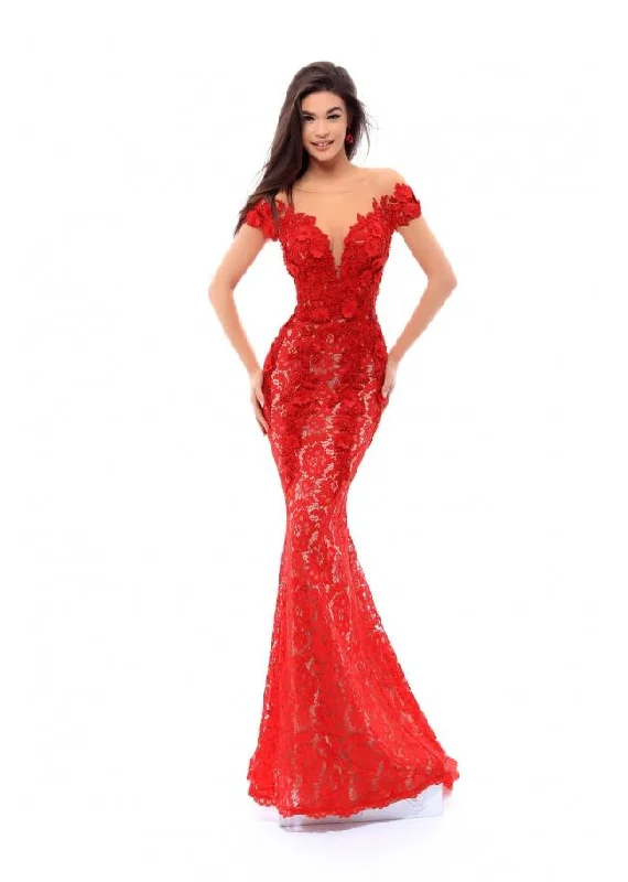 Luxury Fashion Discounts Tarik Ediz 93430 Fitted Floral Embroidered Evening Dress - 1 pc Red in Size 8 Available