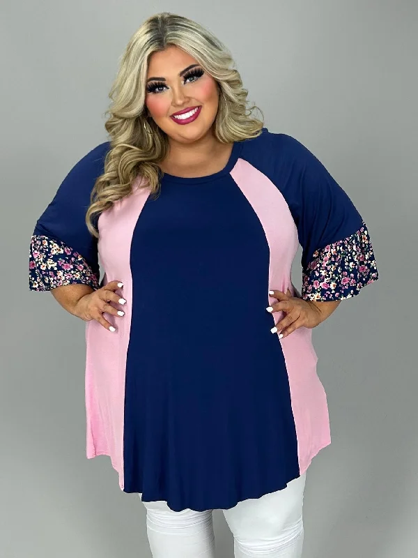 Online Boutiques Clothing 24 CP {A Little Touch of Floral} Navy/Pink Floral Sleeve Tunic EXTENDED PLUS SIZE 4X 5X 6X