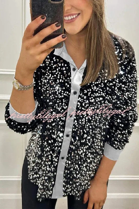 Trendy Street Style Attire Fashion Velvet Sequined Loose Casual Long-sleeved Shirt