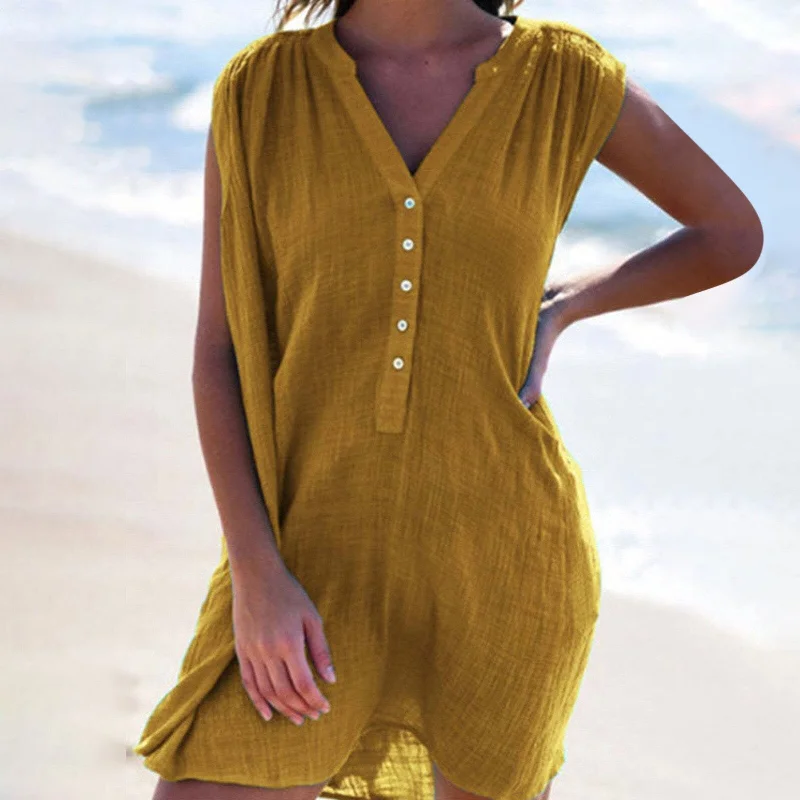 Seasonal Style Discounts JuliaFashion - 2024 Sleeveless Plus Size Boho Beach Mini Dress