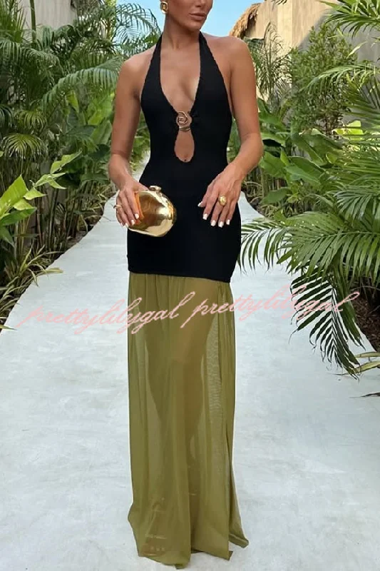 Trendy New Clothes Sun Kissed Stretch Texture Fabric Gold Accent Tulle Hem Halter Maxi Dress