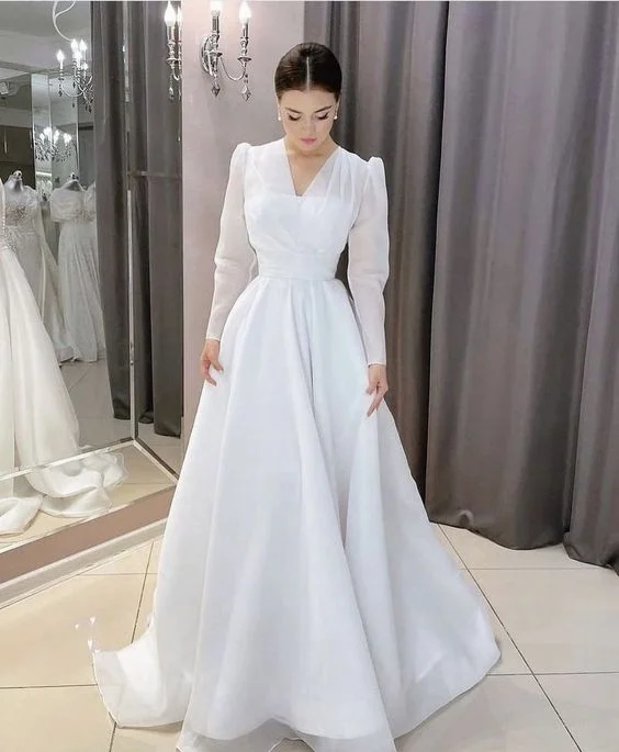 Style Breakthroughs Modest White A-line Long Sleeves Wedding Dress,White Bridal Dress  Y6719