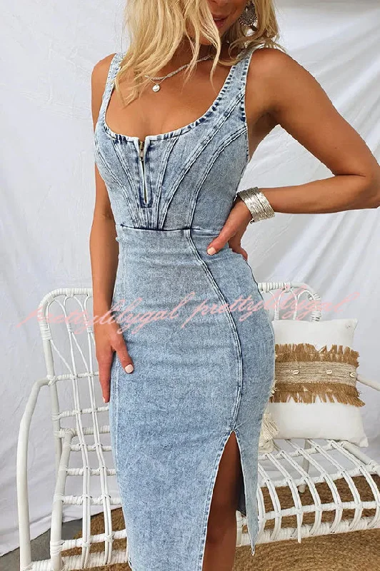 Trendy Boutiques Online This Seasons Staple Denim Adjustable Straps Zip-up Firm Stretch Midi Dress